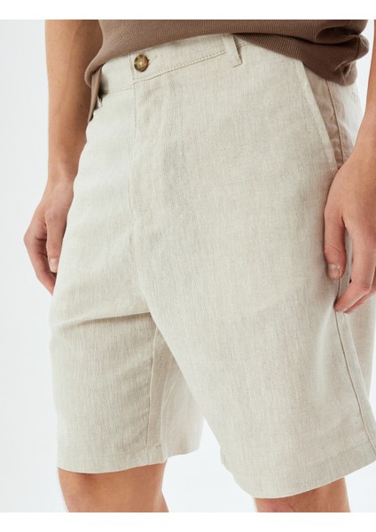 Keten Karışımlı Şort Skinny Chino Cep Detaylı Düğmeli