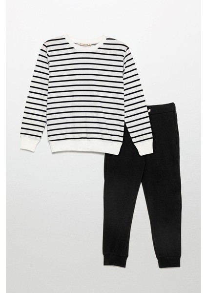 Çizgili Sweatshirt Jogger Siyah Alt Üst Takım