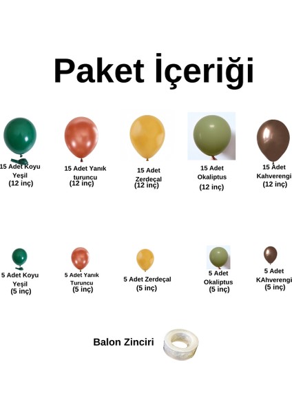 Balon Seti Koyu Yeşil-YanıkTuruncu-Zerdeçal-Okaliptus-Kahverengi 100 Lü Balon Zinciri Seti fiyatları