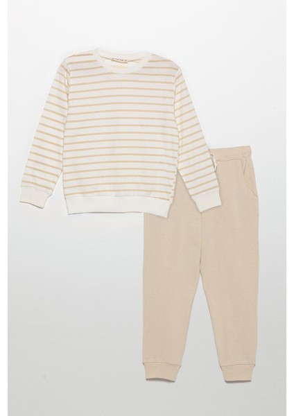 Çizgili Sweatshirt Jogger Taş Alt Üst Takım