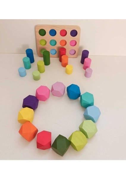 Eşleştirme Tablalı Silindirler ve 12'li Denge Blokları 2'li Set Masif Ahşap Oyunu