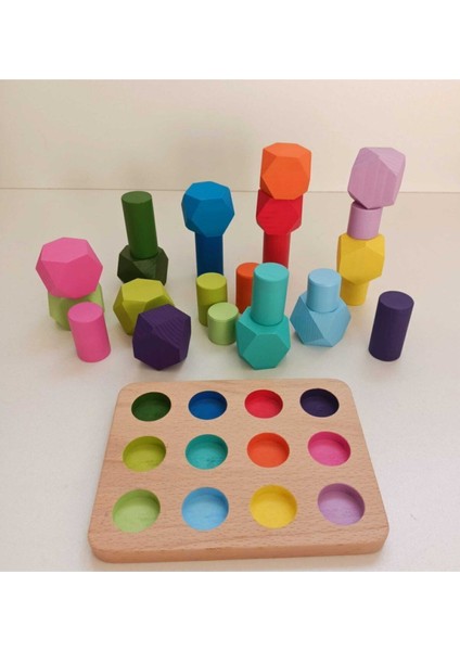 Eşleştirme Tablalı Silindirler ve 12'li Denge Blokları 2'li Set Masif Ahşap Oyunu modelleri