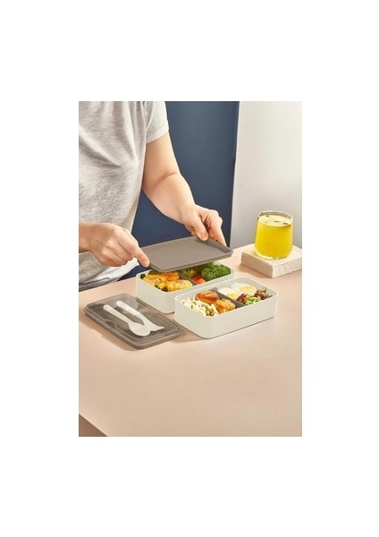 2 Katlı Beslenme Kabı Çatal ve Kaşıklı Set