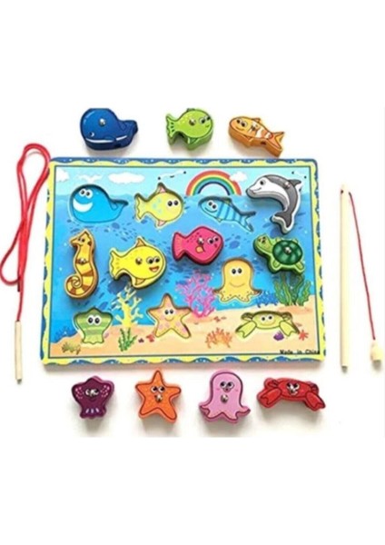 Kalın Ahşap Mıknatıslı Balık Tutma ve İpe Dizme Oyunu - Fish Catching Game