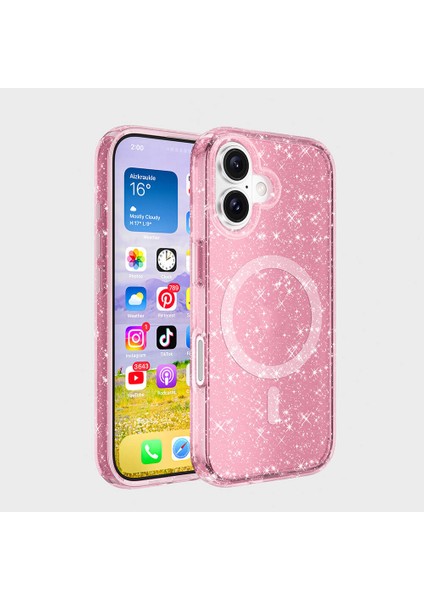 Apple iPhone 16 Kılıf Magsafeli Simli Saydam Renkli Allstar Kapak Pembe