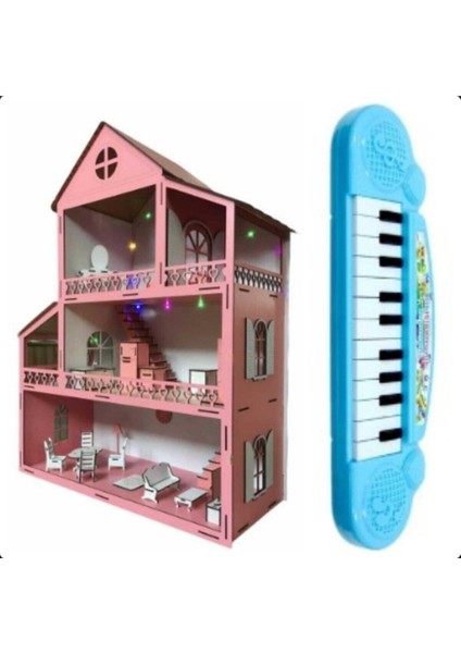 Ahşap Oyun Evi 80CM 21 Eşya LED Işıklı Mavi Org Piyanolu