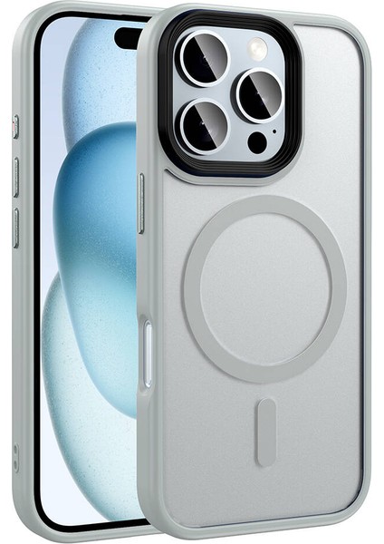 Apple iPhone 16 Pro Max Kılıf Flet Wireless Şarj Özellikli Mat Arka Füme Yüzey Gümüş
