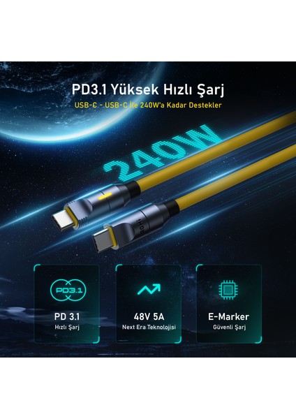 The Future Silky Type-C to Type-C+Lightning 240W Uzayabilen 2.6m Süper Hızlı Şarj Kablo Seti