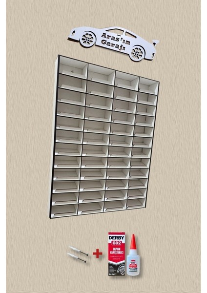 Ahşap Eğimli Dekoratif Duvar Araba Rafı 40X50X5( 48 Araçlık Hızlı Yapıştırıcı Hediye )