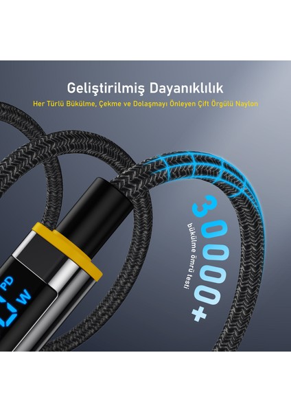 Magline Type-C to Type-C 140W PD3.1 LED Ekranlı Örgülü 1.2m Süper Hızlı Şarj-Data Kablosu