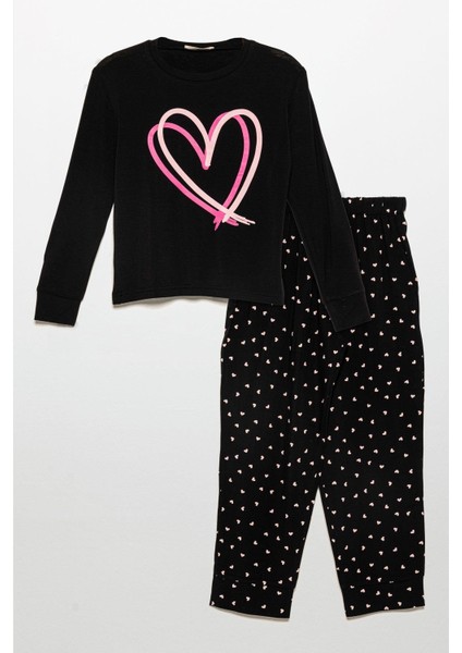 Kalp Baskılı Doğal Viskon Siyah Pijama Takımı
