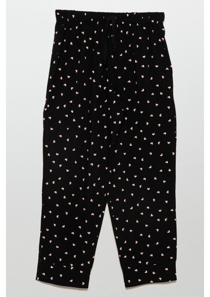 Kalp Baskılı Doğal Viskon Siyah Pijama Takımı