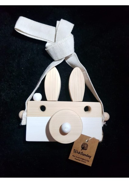 Ahşap Oyuncak Tavşan Fotoğraf Makinesi, Duyusal, Eğitici, Hayvan, Hediyelik Oyuncak- Beyaz