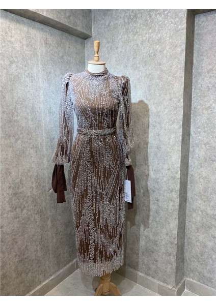 24Y4871 Hennin Abiye Elbisetaş Işlemeli Kol Bağcıklı Düz Kesim Astarlı - Hennin - 24Y4871 - Kahve - 40