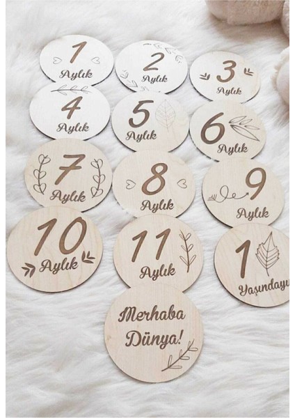 Türkçe Aylık Plak Seti Ahşap Bebek Fotoğraf Kartları 12 cm 13 Adet