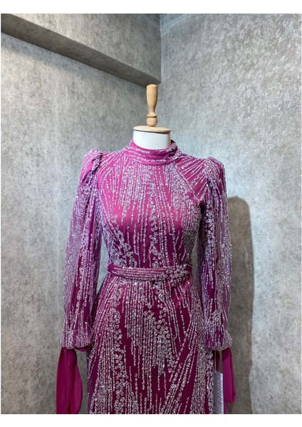 24Y4871 Hennin Abiye Elbisetaş Işlemeli Kol Bağcıklı Düz Kesim Astarlı - Hennin - 24Y4871 - Fuşya - 44