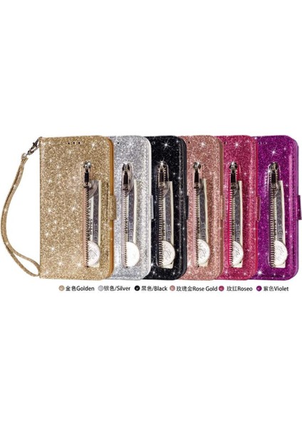 Samsung Galaxy Zipper 5g Kart Tutucu Için Fermuarlı Cebi Durumda Glitter Cüzdan Pu (Yurt Dışından) modelleri