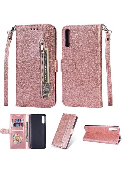 Samsung Galaxy A30S Pu Deri Glitter Cüzdan Kılıf Için Fermuarlı Cebi Durumda (Yurt Dışından)
