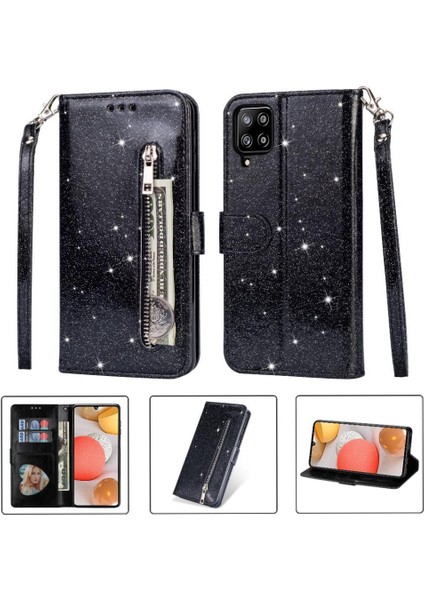 Samsung Galaxy A12 5g Için Fermuarlı Cebi Durumda Pu Deri Glitter Cüzdan (Yurt Dışından)