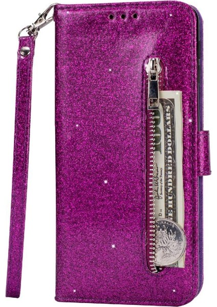 Samsung Galaxy A30S Pu Deri Glitter Cüzdan Kılıf Için Fermuarlı Cebi Durumda (Yurt Dışından)