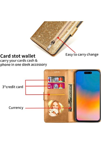 IPhone 15 Pro Pu Deri Manyetik Kapatma Glitter Için Fermuarlı Cebi Durumda (Yurt Dışından) fırsatları