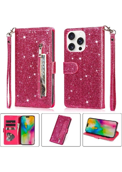 IPhone 16 Için Fermuar Cep Durumda Pro Max Pu Deri Glitter Cüzdan Kılıf (Yurt Dışından)