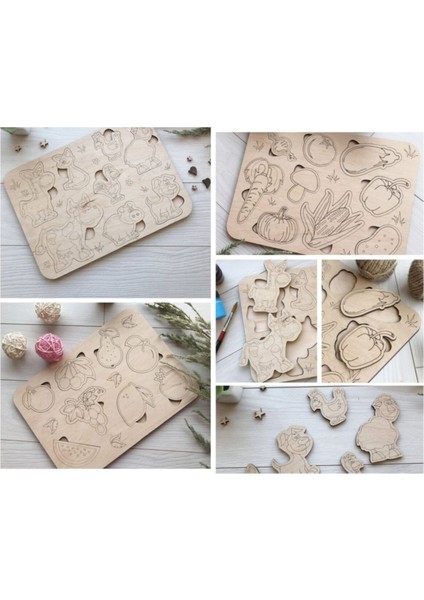 Montessori Boyanabilir 3'lü Puzzle Seti Hayvanlar Meyveler ve Sebzeler Doğal Ahşap