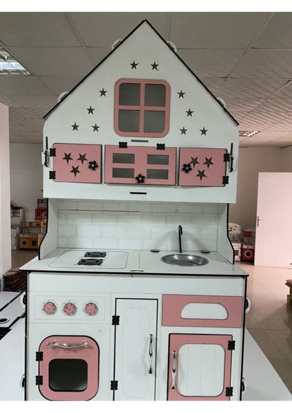 Ahşap Oyuncak Mutfak, Oyuncak Mutfak, Özel Tasarım Büyük Boy Ahşap Oyuncak Mutfak Pembe-Beyaz
