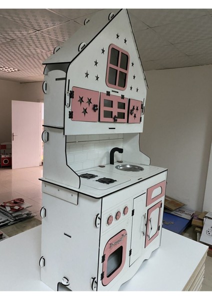 Ahşap Oyuncak Mutfak, Oyuncak Mutfak, Özel Tasarım Büyük Boy Ahşap Oyuncak Mutfak Pembe-Beyaz