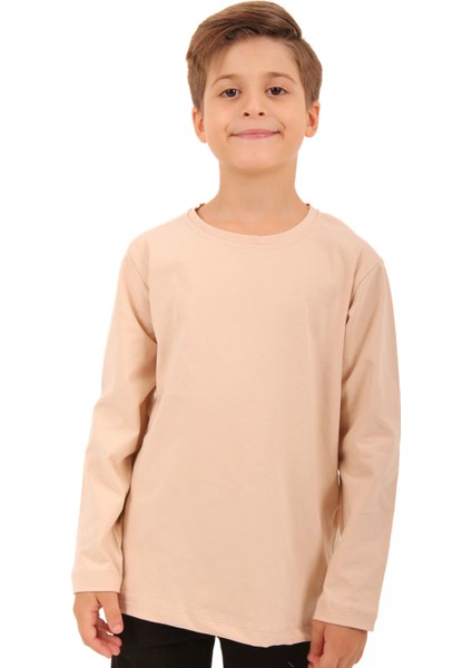 2'li Bisiklet Yaka Uzun Kollu Çizgili ve Düz Unisex Çocuk Sweatshirt Haki Bej-Bej