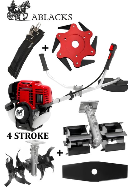 4 Zamanlı Profesyonel Yan Tırpan + Toprak Çapalama Aparatı + Altıgen Bıçak (2 Adet Çapa)