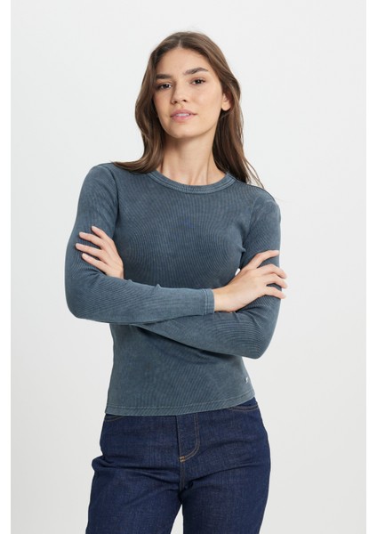 Slim Fit Dar Kesim Bisiklet Yaka Koyu Mavi Tişört