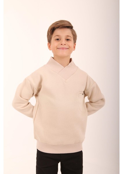 Cep Detaylı Içi Polarlı Erkek Çocuk Sweatshirt Taş