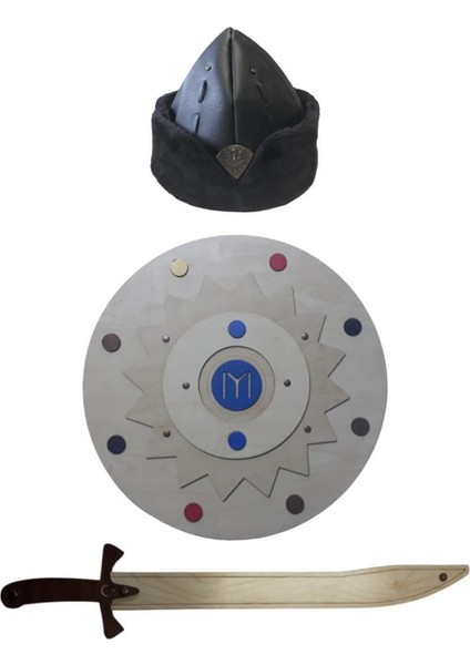 Ahşap Oyuncak Seti 3'lü, Kayı Kalkanı + Kılıcı ve Börk