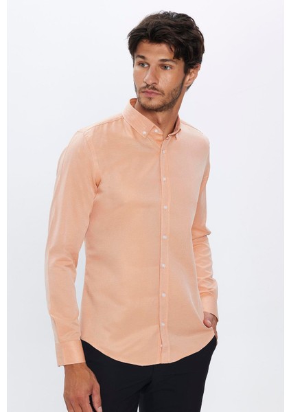 Erkek Slim Fit Dar Kesim Pamuklu Kolay Ütü Turuncu Düğmeli Yaka Gömlek