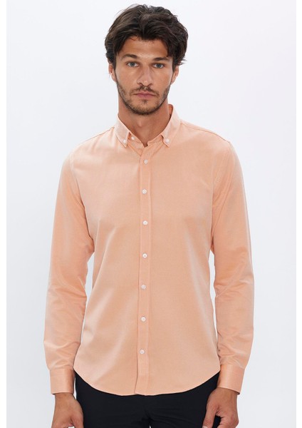 Erkek Slim Fit Dar Kesim Pamuklu Kolay Ütü Turuncu Düğmeli Yaka Gömlek fiyatları