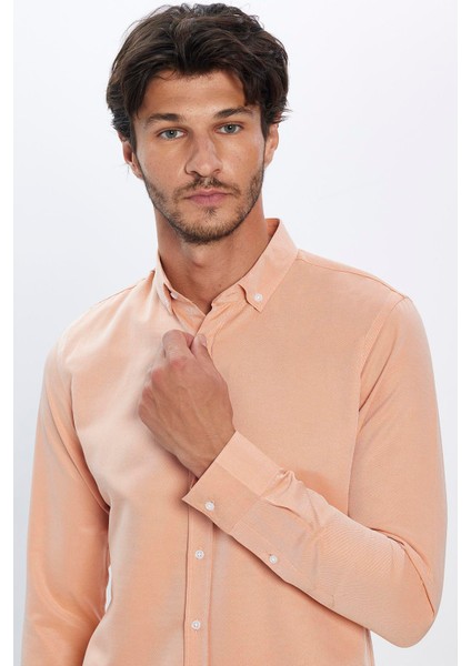 Erkek Slim Fit Dar Kesim Pamuklu Kolay Ütü Turuncu Düğmeli Yaka Gömlek modelleri