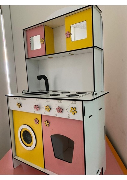 Büyük Boy Ahşap Oyuncak Mutfak Seti,eğitici Montessori Mutfak Oyuncak Seti Çamaşır Makinalı-Sarı
