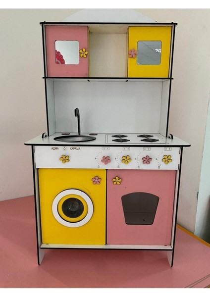 Büyük Boy Ahşap Oyuncak Mutfak Seti,eğitici Montessori Mutfak Oyuncak Seti Çamaşır Makinalı-Sarı
