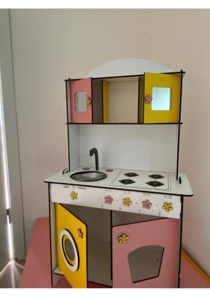 Büyük Boy Ahşap Oyuncak Mutfak Seti,eğitici Montessori Mutfak Oyuncak Seti Çamaşır Makinalı-Sarı