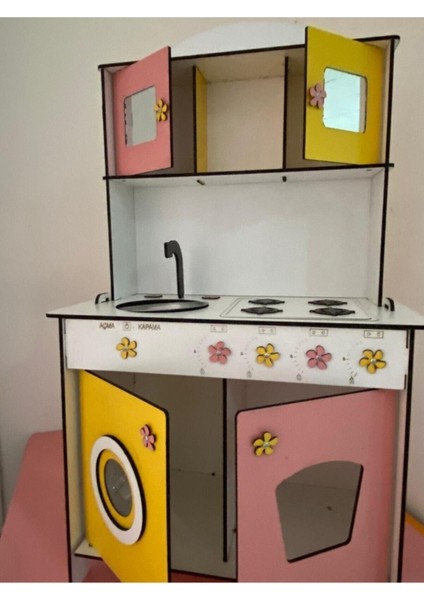 Büyük Boy Ahşap Oyuncak Mutfak Seti,eğitici Montessori Mutfak Oyuncak Seti Çamaşır Makinalı-Sarı