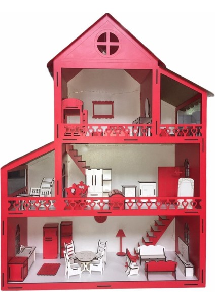 Ahşap Oyun Evi 80CM 36 Eşya Kırmızı Isim Yazılır