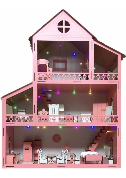 Ahşap Oyun Evi 100CM 36 Eşya Pembe LED Işıklı Isim Yazılır