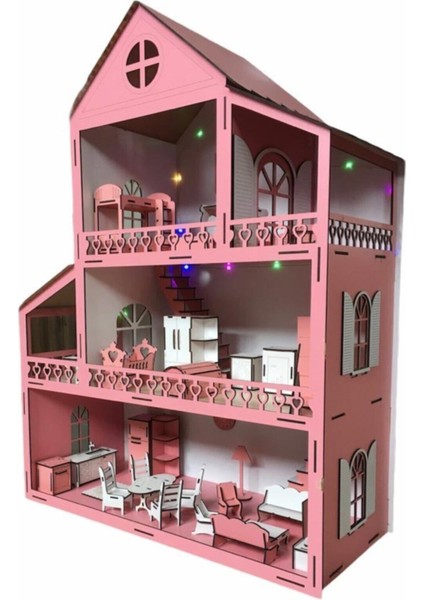 Ahşap Oyun Evi 100CM 36 Eşya Pembe LED Işıklı Isim Yazılır fiyatları
