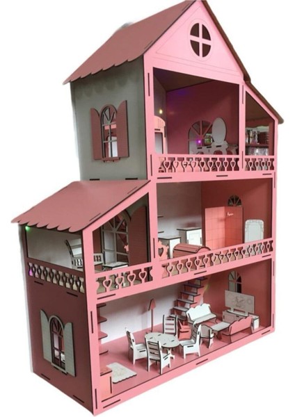 Ahşap Oyun Evi 100CM 36 Eşya Pembe LED Işıklı Isim Yazılır modelleri