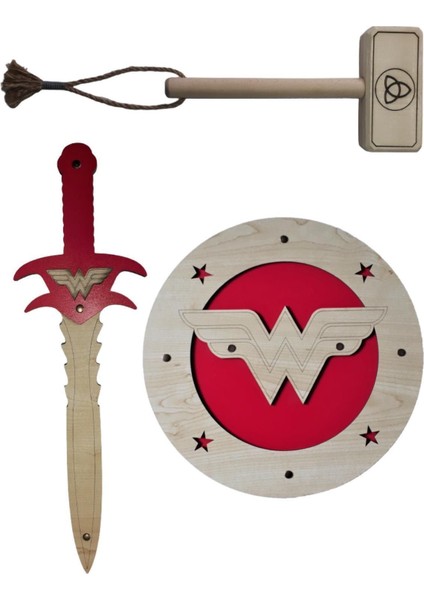 Ahşap Oyuncak Seti, Wonder Woman Kalkanı + Kılıcı ve Ahşap Tor (Thor) Çekici