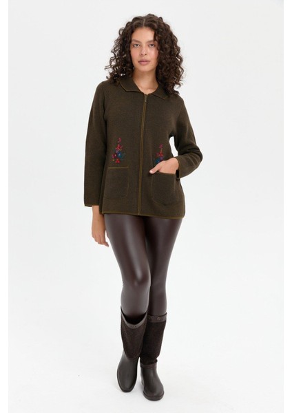 Kadın Polo Yaka Işlemeli Kısa Yün Hırka A.yeşil fiyatları