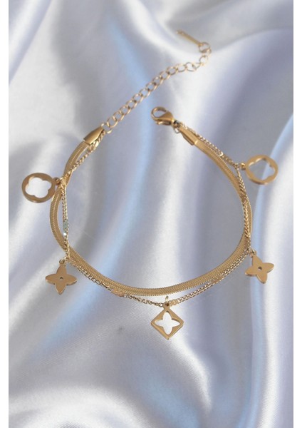 Pilelistore 316L Çelik Gold Renk Çift Zincir Yonca Tasarım Bileklik - TJ-BB6181