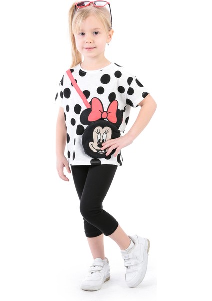 Kız Çocuk Tayt. Kız Çocuk T-Shirt Tayt Takım. Minie Mouse Desenli Çantalı Taytlı Takım.