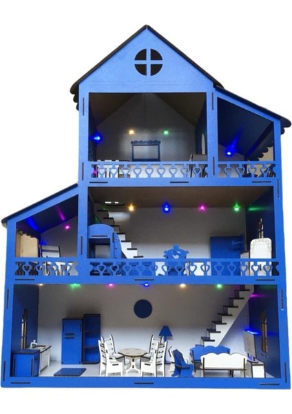Ahşap Oyun Evi 80CM 36 Eşya Mavi LED Işıklı Isim Yazılır